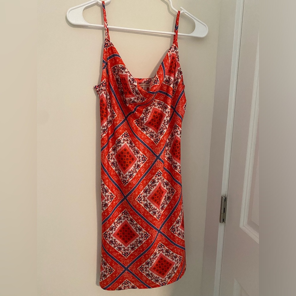 Red Navy Cami Cowl Neck Satin Paisley Print Mini Dress